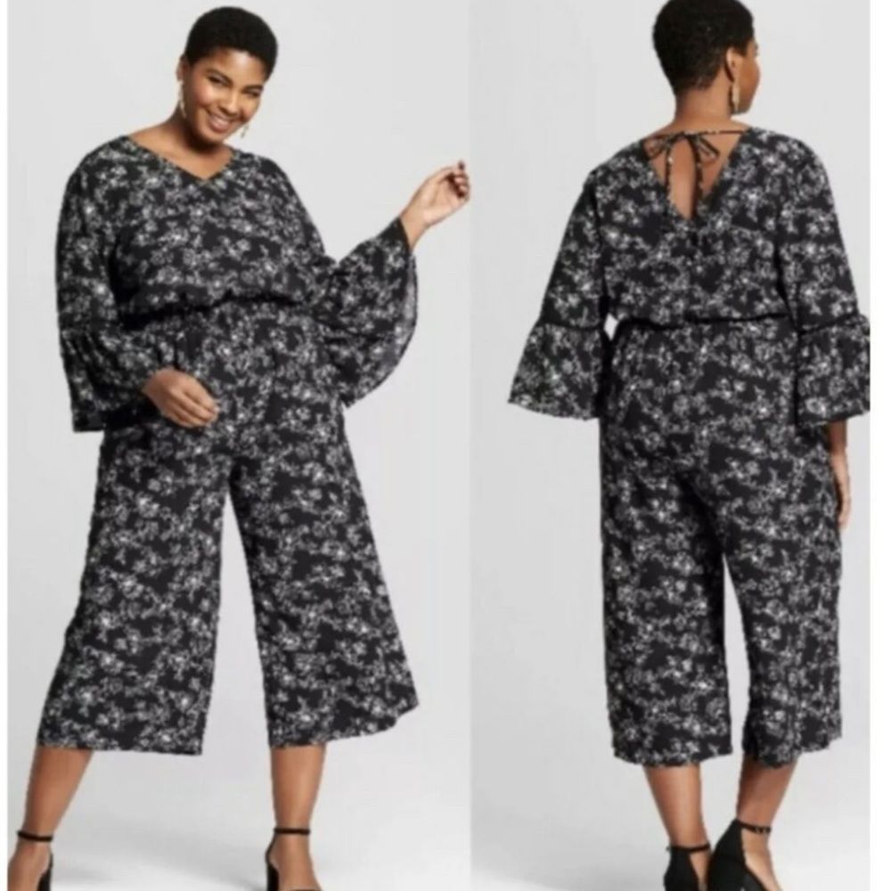 Ava & Viv Size X 14W Romper Black & White Floral Jumpsuit Romper Crop Pants